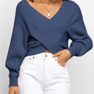 BTFBM Women’s Casual V-Neck Sweater – Blue Grey (Size S)